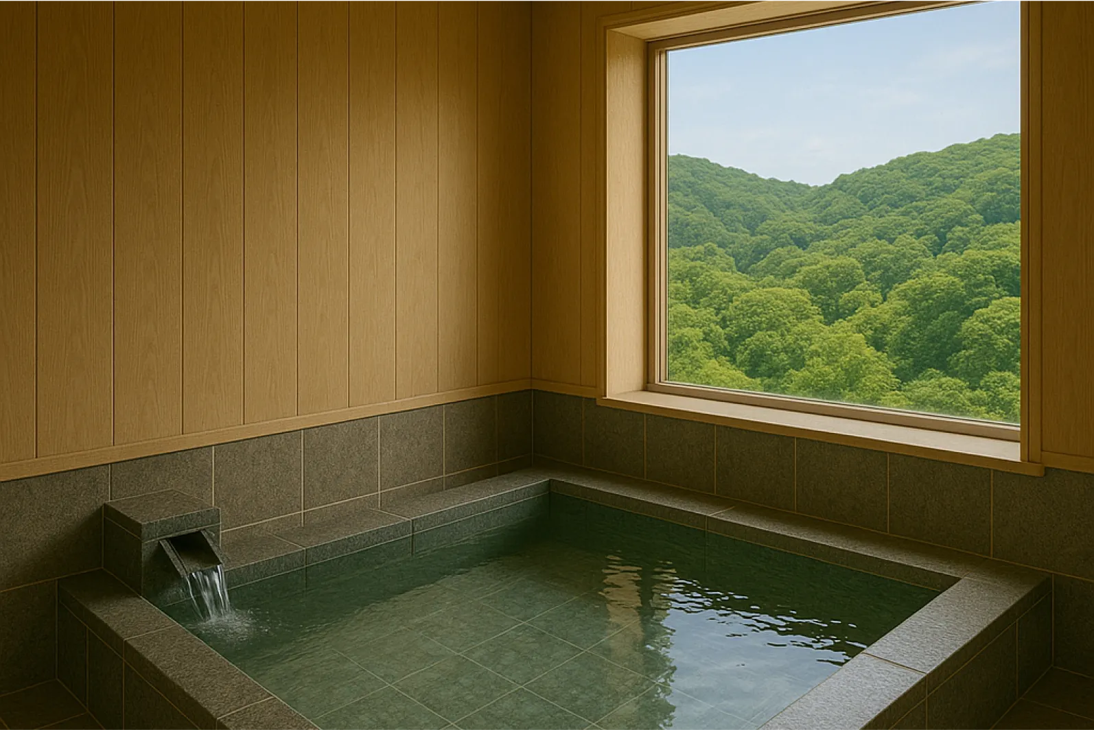 客室温泉と窓に映る青空