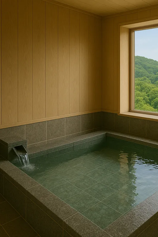 客室温泉と窓に映る青空